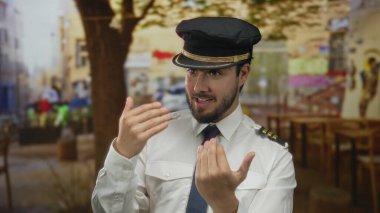 Sakallı ve pilot üniformalı genç adam restoranın terasında arka planı bulanık, rahatlamış bir kahve dükkanı atmosferi sergiliyor..