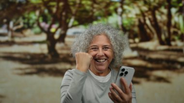 Parkta gri saçlı yaşlı bir kadın açık havada akıllı telefon kullanarak mutlu bir şekilde gülümsüyor ve zafer için yumruğunu kaldırıyor..