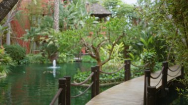 Bereketli bir yeşillik, sakin bir gölet ve zarif bir köprü çerçeveletip, bir açık hava cennetinde lüks ve rahatlığı çağrıştıran tropik tatil beldesi sahnesi..