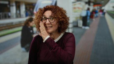 Yoğun tren istasyonunda geçmişi bulanık, gözlüklü, kıvırcık saçlı seyahat, konuşma ve orta yaş temalarını vurgulayan bir kadın..