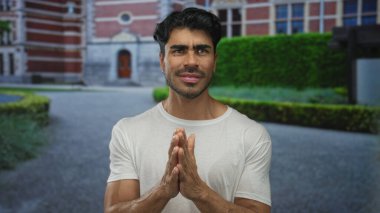 Beyaz tişörtlü genç İspanyol adam gülümserken ve sokakta el ele tutuşurken parmaklarını sayıyor; coşku.