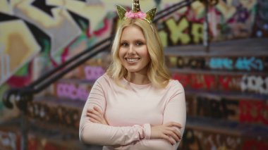 Şehrin dışında poz veren, tek boynuzlu at dikenli arka planlı bir kadın eğlenceli ve kaprisli, sarı saçlı ve pembe elbiseli eğlenceli sokak atmosferini canlandırıyor..