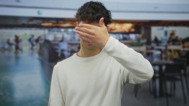 Genç adam meşgul bir havaalanı terminalinde dururken tek eliyle yüzünü kapatıyor..