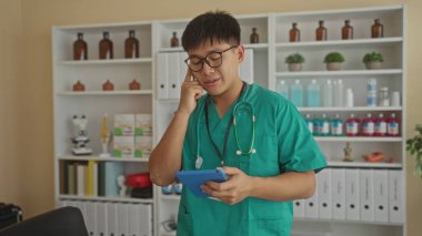 Tıbbi malzeme ve dosyalarla çevrili bir şekilde hastane odasında telefonla konuşan genç doktor profesyonel bir klinik ortamı sergiliyor..