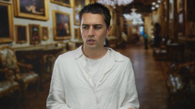 Genç adam zarif tablolar ve çevre aydınlatmalarıyla çevrili bir müzede düşünceli bir şekilde el kol hareketi yaparak yansıtıcı bir atmosfer yaratıyor..