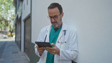Şehir sokağında tıp ceketiyle duran tabletli doktor, şehirdeki orta yaşlı erkek sağlık hizmetleri uzmanını temsil ediyor..