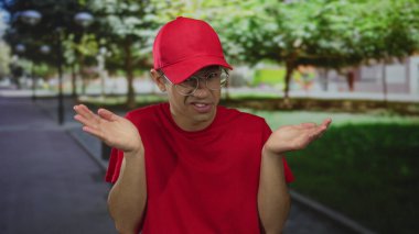 Genç İspanyol kurye, yeşil park yolu tarafından çerçevelenmiş kırmızı başlık ve tişört giyerek iki elini de silkti;.