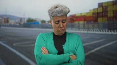 Yeşil hırkalı ve kısa saçlı kadın, liman caddesinde bulutlu gökyüzü altında istiflenmiş konteynırların yanında kollarını kavuşturuyor; üzüntü hüsranı.