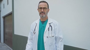 Hastanenin dışında steteskop takan doktor, kentin beyaz duvarlı çevresinden emin görünüyor. Yetişkin erkek sağlık hizmetleri uzmanı olduğunu gösteriyor..