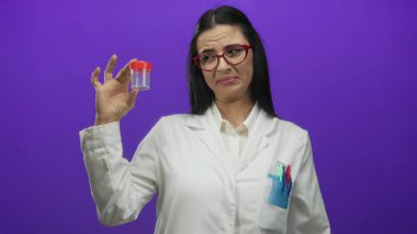 Üniformalı İspanyol kadın bilim adamı mor duvara karşı test tüpü inceliyor, merak ve konsantrasyon gösteriyor..