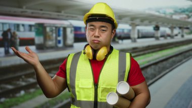 Yansıtıcı yelek ve şapka giyen genç adam, yoğun tren istasyonu platformunda planlar tutuyor, düşünceli ve inşaat veya demiryolu projelerine odaklanmış görünüyor..