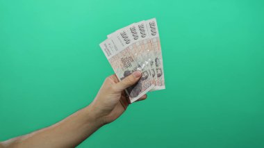 Yeşil arka planda İzlanda Krona banknotları tutan adam, tecrit edilmiş bir ortamda mali başarı ve para birimi kavramlarını gösteriyor.