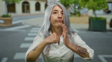 Gri saçlı ve dövmeli yaşlı bir kadın şehir geçidinde yürürken şehir caddesinde ellerini çaprazlıyor..