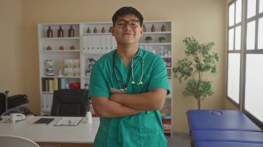 Yeşil önlüklü, katlanmış kolları olan genç Çinli erkek doktor iyi aydınlatılmış bir hastane kliniğinde duruyor ve profesyonel bir tıbbi ortam sergiliyor..