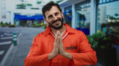 Turuncu hapishane tulumlu, sakallı İspanyol bir adam sokakta ayakta duruyor..