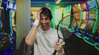 Parlak renkli neon ışıklı kumarhane kumar makinesi bölgesinde beyaz bileklikli tenis raketi tutan adam..