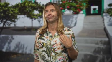 Sarışın, uzun saçlı, elini göğsüne koyan ve taş bina girişine bakan; samimiyet..