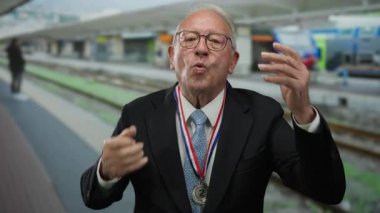 Tren istasyonunda kıdemli bir adam boynunda bir madalyayla el kol hareketi yaparak açık hava arkaplanına karşı duygusal bir an yakalıyor..