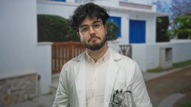 Güneşli bir günde dışarıda duran sakallı genç bir adam gözlük ve beyaz bir ceket takıyor. Odaklanmış ve çevresiyle meşgul görünüyor..