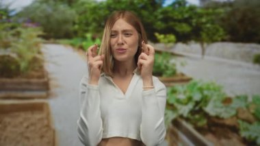 Parkta şans dileyen bir kadın, açık havada, umut ve beklenti içinde, yeşillik ve doğal güzelliklerle çevrili..