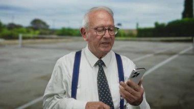 Takım elbiseli üst düzey bir adam açık tenis kortunda akıllı telefon kullanıyor. Çağrı sırasında iletişim kurarken çeşitli duygular sergiliyor..