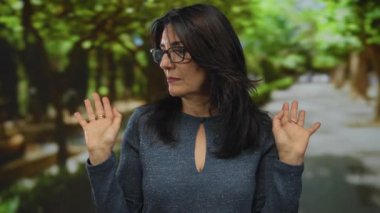 Gözlüklü İspanyol kadın çıplak ellerini kaldırıyor. Yeşil orman yolunda avuç içlerini gösteriyor. Huzur teslimiyeti..