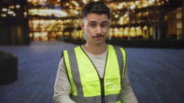 Gece bir şehir caddesinde yansıtıcı yelek giyen genç İspanyol adam şehir ışıklarıyla aydınlatılıyor, yön veriyor ve açık hava ortamında odaklanıyor..