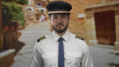 Pilot üniformalı sakallı bir adam güneşli bir günde tarihi taş binaların önünde duruyor ve profesyonel seyahat ruhunu yakalıyor..
