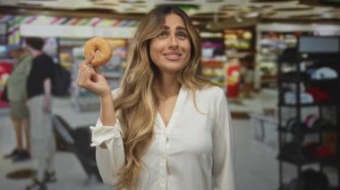Sarışın kadın süpermarkette işaret parmağıyla ve başparmağıyla jöleli donut tutuyor..