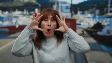 Hispanik son sınıf öğrencisi, gri kazaklı bir kadın deniz kenarındaki bir limanda duygularını ve kişiliğini dışa vuruyor..