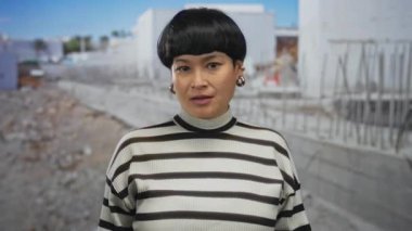 Güneşli bir şantiyede açıklayan Çinli bir kadın, kısa saçlı çizgili kazak giyiyor, şehir ortamında, beton yapıların arasında iletişim kuruyor..