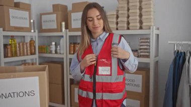 Kırmızı yelekli kadın, hayır kurumunda gönüllü olarak çalışıyor. Yiyecek ve malzeme dolu rafları var.