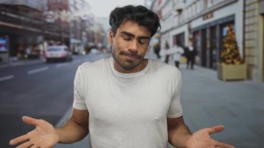 Bulanık binaların arasında beyaz gömlekli genç adam el üstünde ve aşağı sokağa bakıyor; karışıklık şüphesi.