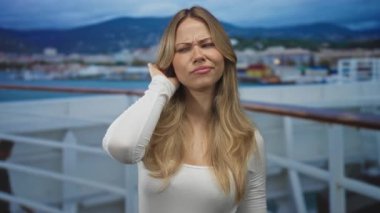 Limana tepeden bakan güvertede el ele tutuşan beyaz elbiseli bir kadın..