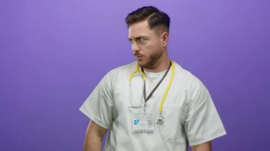 Sakallı ve steteskoplu doktor, mor arka plandaki nahoş kokudan rahatsız oluyor..