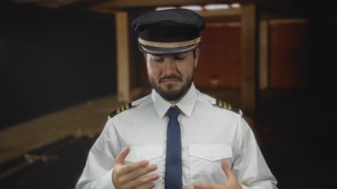 İspanyol asıllı, üniformalı bir adam kapalı bir inşaat alanında duygusal bir ifade aktarıyor.