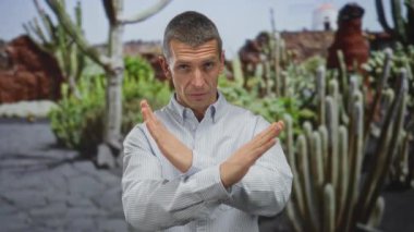 Çizgili tişörtlü bir adam, açık hava parkında, etrafı kaktüslerle çevrili bir şekilde X hareketi yapıyor. Doğal ortamda reddediyor ya da anlaşmazlıklarını dile getiriyor..