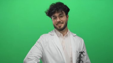 Laboratuvar önlüklü, sakallı, yeşil arka planda gülümseyen, olumlu başparmak hareketleri yapan, arkadaş canlısı sosyal etkileşimi ve profesyonel havayı somutlaştıran genç İspanyol bir adam..