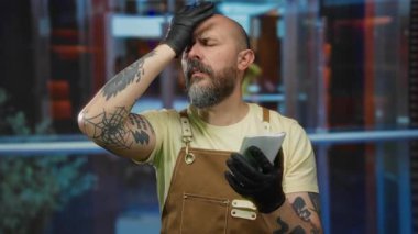 Otelde sakallı, not defteri tutan, eldivenli, önlüklü, evde dövmeli bir adam hayal kırıklığı ifadesi sergiliyor..