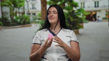 Şehirde elinde pembe bardakla gülümseyen bir kadın tropikal bitki ve binalarla şehir zeminine doğru gülümsüyor.