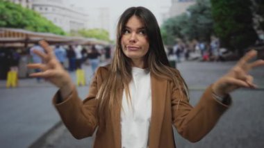 İspanyol kadın şehir arkaplanının çerçevelediği hareketli pazar caddesinde jestler yapıyor