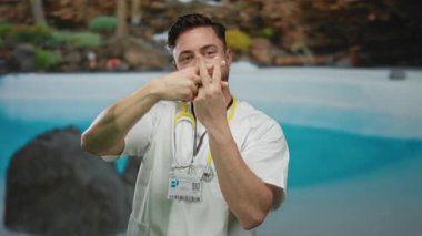 Genç doktor, havuzda steteskopla şakacı bir şekilde poz veriyor. Hashtag 'li el hareketi ile, profesyonel kıyafetleri ve açık havada rahat bir ortamda eşsiz bir görsel kontrastı karıştırıyor..