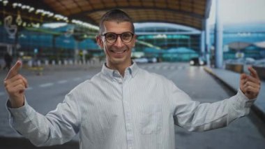 Gözlüklü beyaz bir adam şehir caddesinde güvenle poz veriyor. Başarı ve sevinç hissini vurguluyor..
