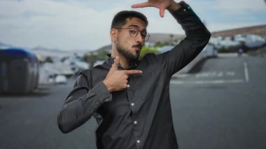 Gözlüklü genç adam, şehir sokaklarında el hareketleriyle yaratıcılık ve odak taşıyarak şehrin arka planına karşı duruyor..