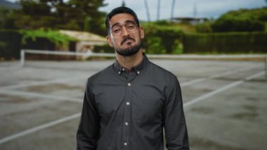 Açık tenis kortunda gözlüklü genç bir adam bulanık doğal bir arka plan, somut bir stil ve spor ortamında boş vakitlere karşı derin derin düşünüyor..