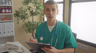 Klinikte steteskop ile doktor adam hastane ofisindeki panoya notlar yazıyor. Etrafı tıbbi ekipmanlarla çevrili ve profesyonel bir sağlık hizmeti ortamı sergiliyor..