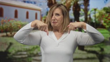 Beyaz bluz giyen gülümseyen kadın yemyeşil bir parkta parmağını aşağı doğru gösteriyor..