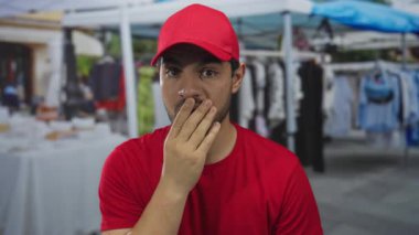 Sokak pazarında hediyelik eşya dükkanının yanında kırmızı şapkalı eli bir adam. Sürpriz tepki..