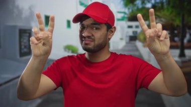 Kırmızı gömlekli genç adam şehir caddesinde dikilirken tırnak işareti olarak parmaklarını kullanıyor..