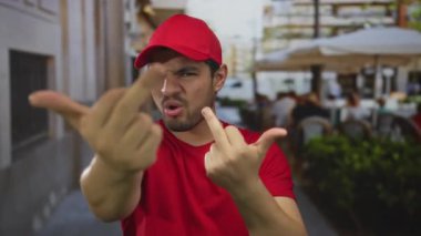 Kırmızı tişörtlü ve şapkalı genç adam gözlerini kıstı ve sokakta çifte orta parmak hareketi gösteriyor. Öfke..